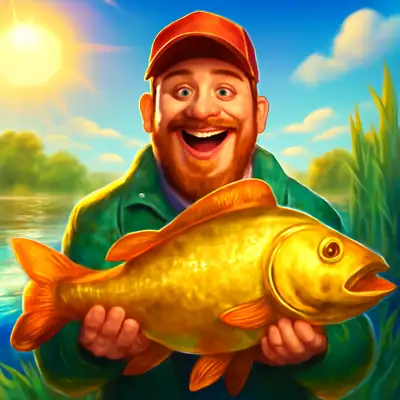 Angler hält riesigen goldenen Fisch in der Sonne beim Spiel Blast The Bass von Belatra.