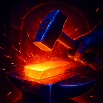 Glühende Schmiede mit Hammer und Funken in Dark Forge von Slotmill.