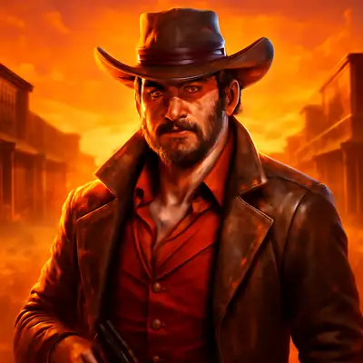 Revolverheld streift durch Westernstadt bei Sonnenuntergang in Wanted Dead or a Wild von Hacksaw.